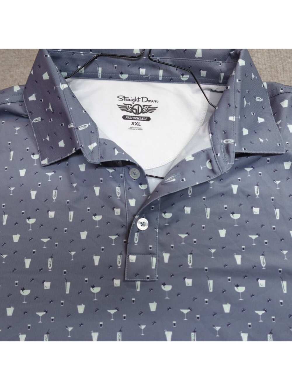 Straight Down Polo Shirt 2XL Blue Gray Cocktails Embroidered Panther Valley